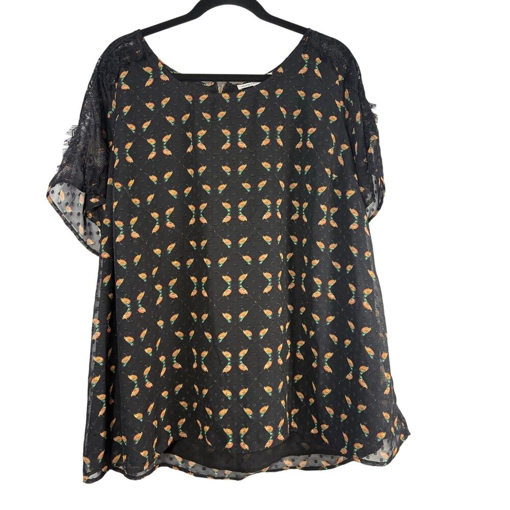 Daniel Rainn Black Bird Print Lace Accent Sheer Blouse Plus Size 2X